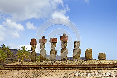 Ahu Nau Nau Moai Statues, Anakena Beach, Easter Island, Chile. Stock Photo