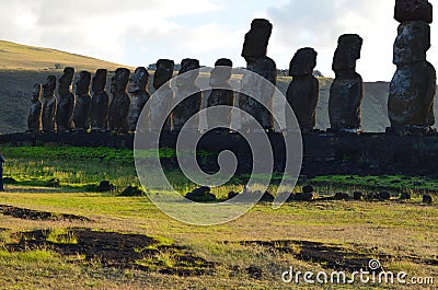 Moais in the ceremonial platform Ahu at Tongariki beach, Rapa Nui Easter island Stock Photo