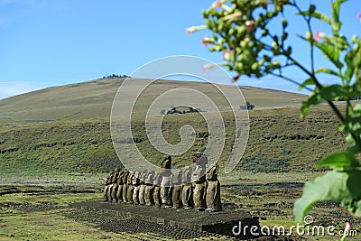 Ahu Tongariki Moai Ruin with Poike volcano on background, Easter Island or Rapa Nui, Chile Stock Photo