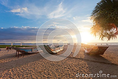 Ahungalla, Sri Lanka - Traditional longboats drying at Ahungalla Beach during sunset Stock Photo