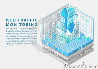 Web traffic monitoring concept with symbol of floating upload and download arrows and various monitoring dashboards Vector Illustration