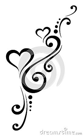 Black and white wedding card decoration with curly lines and two hearts Vector Illustration