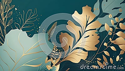 AI Abstract art background vector. Luxury minimal style wallpaper with golden line art flower and botanical leaves Stock Photo