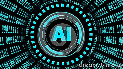 AI - abstract Artificial Intelligence background - binary code arranged in cylinder shape - lettering around and central of HUD Cartoon Illustration
