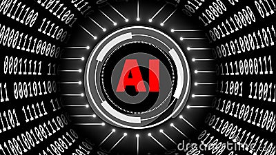 AI - abstract Artificial Intelligence background - binary code arranged in cylinder shape - red letters in center of HUD elements Cartoon Illustration