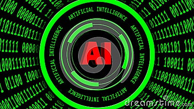AI - abstract Artificial Intelligence background in green - binary code arranged in cylinder shape - red lettering around HUD Cartoon Illustration