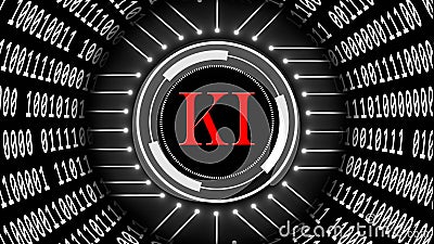 AI - abstract Artificial Intelligence in german KI - Kuenstliche Intelligenz background - binary code arranged in cylinder shape Cartoon Illustration