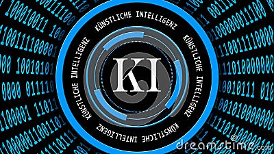 AI - abstract Artificial Intelligence in german KI - Kuenstliche Intelligenz background in blue - binary code in cylinder shape Cartoon Illustration