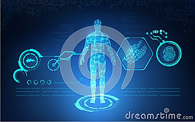 AI Abstract technological health care; science blue print; scientific interface; futuristic backdrop; digital blueprint of human; Vector Illustration