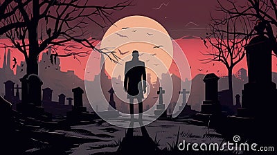 Gothic vampire in moonlit cemetery, a spooky Halloween poster concept with a dark, eerie atmosphere Stock Photo