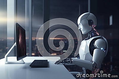 AI android robot ChatGPT sitting on desk and using computer to chat with humans. Generative AI Stock Photo