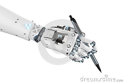 Ai art generator with robot writing assistant or essay generator hand hold pen Stock Photo