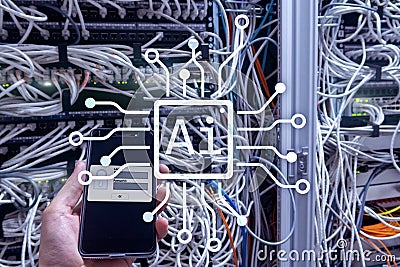 AI, Artificial intelligence, automation and modern information technology concept on virtual screen Stock Photo