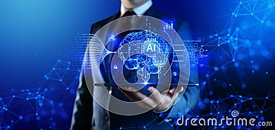 AI - Artificial Intelligence. Big Data and Deep Machine learning Concept. Digital Brain and Neural Networks Hologram Stock Photo
