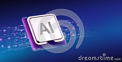 AI artificial intelligence concept, Close up of microprocessor with electronic circuit interface on dark blue background Stock Photo