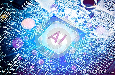 AI artificial intelligence concept, Close up of microprocessor with AI interface glowing on computer motherboard background Stock Photo