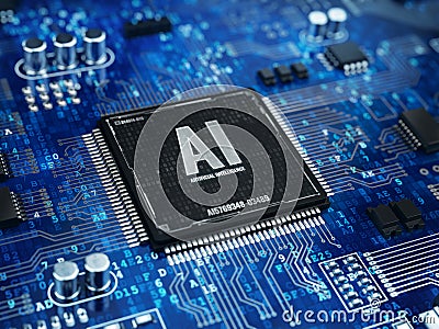 AI, Artificial Intelligence concept - Computer chip microprocessor with AI sign and binary code Stock Photo