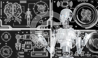 AI, Artificial Intelligence concept. Deep learning, and Machine learning. The robot decides which part of the virtual screen to Stock Photo