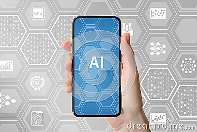 AI / artificial intelligence concept. Hand holding modern frameless smartphone in front of neutral background with icons Stock Photo