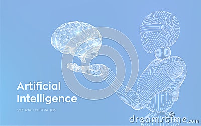 AI. Artificial intelligence. AI in the form of cyborg or bot. Wireframe robot. Digital brain. Brain in robotic hand. Machine Cartoon Illustration