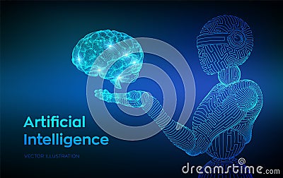 AI. Artificial intelligence. AI in the form of woman cyborg or bot. Wireframe robot. Digital brain. Brain in robotic hand. Machine Cartoon Illustration