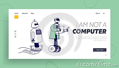 Ai Artificial Intelligence. Futuristic Technologies, Automation Landing Page. Robots Help Human Working in Office Vector Illustration