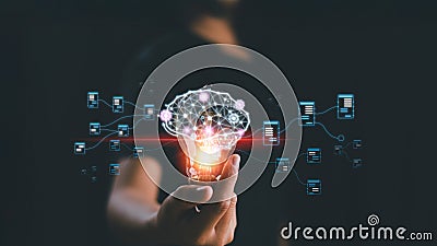 AI artificial intelligence icon inside light bulb. Machine learning concept, big data, innovation technology, cloud computing, Stock Photo