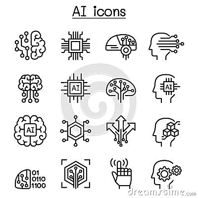 AI, Artificial intelligence icon set in thin line style Vector Illustration