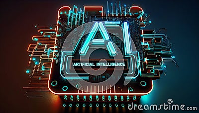 AI Artificial intelligence logo on chipset circuit board, Generative AI illustration Cartoon Illustration