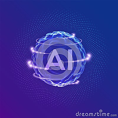 AI. Artificial Intelligence Logo. Artificial Intelligence and Machine Learning Concept. Sphere grid wave with binary code. Big Cartoon Illustration