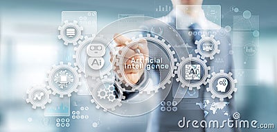 AI artificial intelligence Machine Deep learning Robotisation and automation concept on virtual screen. Stock Photo