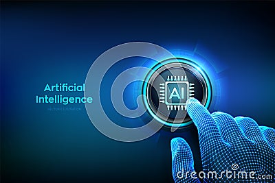 AI. Artificial intelligence. Machine learning. Big data innovation technology. Neural networks. Closeup finger about to press a Vector Illustration