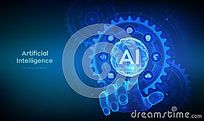 AI. Artificial Intelligence. Machine Learning Concept. Big data. Neural networks. Sphere grid wave. Wireframe hand touching Vector Illustration