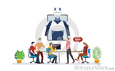 Ai artificial intelligence robot team developer programmer with script technology discussion with modern flat style - vector Cartoon Illustration