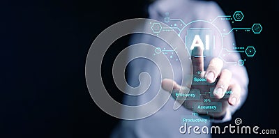 Ai, artificial intelligence, 's impact. A man taps his finger on AI virtual screen using it to improve speed, efficiency, Stock Photo