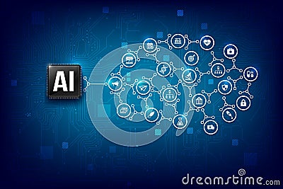 AI Artificial intelligence technology cpu chipset with print circuit board dot connection line 004 Vector Illustration