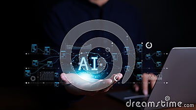 AI, Artificial intelligence. Virtual artificial intelligence brain connection in hands of the businessman. analyzing complex big Stock Photo