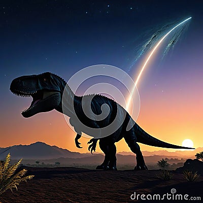 Ai artwork of the comet or meteorite that made the dinosaurs extinct flying into the atmosphere with dinosaur silhouettes on the Cartoon Illustration