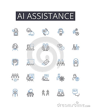 AI assistance line icons collection. Automated help, Digital support, Smart guidance, Virtual aid, Intelligent backing Vector Illustration