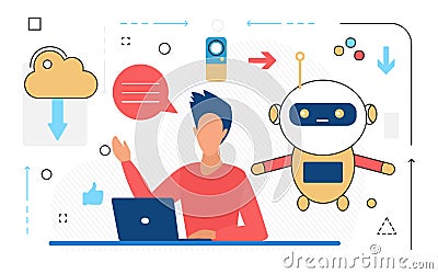 Ai automation business processes, businessman working with laptop near cute robot Vector Illustration
