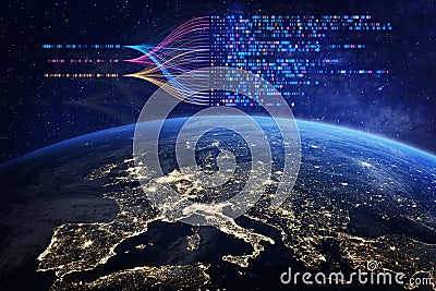 AI and big data optimizing and automating business workflow on a global scale. Automation, analytics, data stream, digital Stock Photo