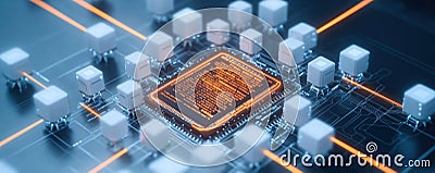 Ai bots form protective barrier around glowing network server. Digital lines illustrate data protection. Cybersecurity tech Stock Photo