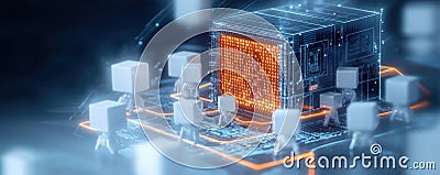 Ai bots form protective barrier around network server. Glowing digital lines illustrate data protection. Tiny bots guard computer Stock Photo