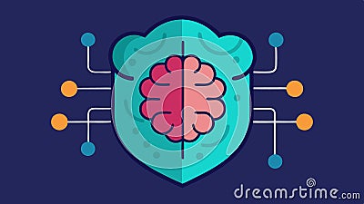 AI Brain with Shield An illustration showing a brain with circuit patterns surrounded by a shield symbolizing AIs Vector Illustration