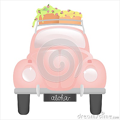 Beautiful pink retro car with a basket of flowers on the roof. Vector illustration of a car for a girl. Vector Illustration