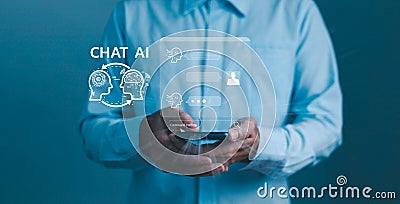 Ai chat, artificial technology concept, business person user smartphone open chat with command prompt to generate new work online Stock Photo