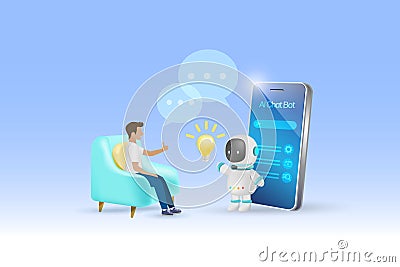 AI chat bot chatting with man provide smart solution idea on tablet. Artificial intelligence robot answer questions and generate Vector Illustration