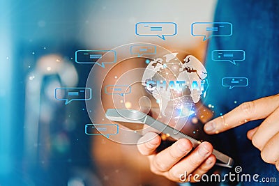 Ai.Chat with technology smart robot,Businessman using chatbot in smartphone intelligence AI Artificial Intelligence developed Stock Photo