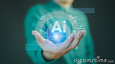 Ai chat technology, User show virtual screen with Ai graphic for global internet connect chatbot, Chat with AI. Stock Photo