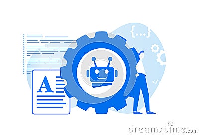 AI chatbot concept illustration - deep learning, data mining, code creation, communication, article writing, creating Vector Illustration